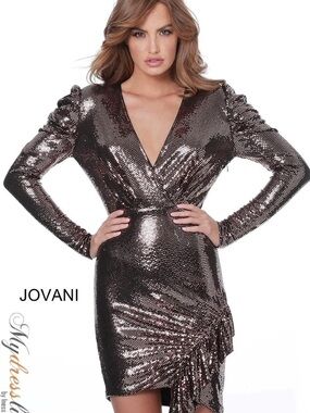 Jovani Bronze Sequin Long Sleeve Wrap Dress